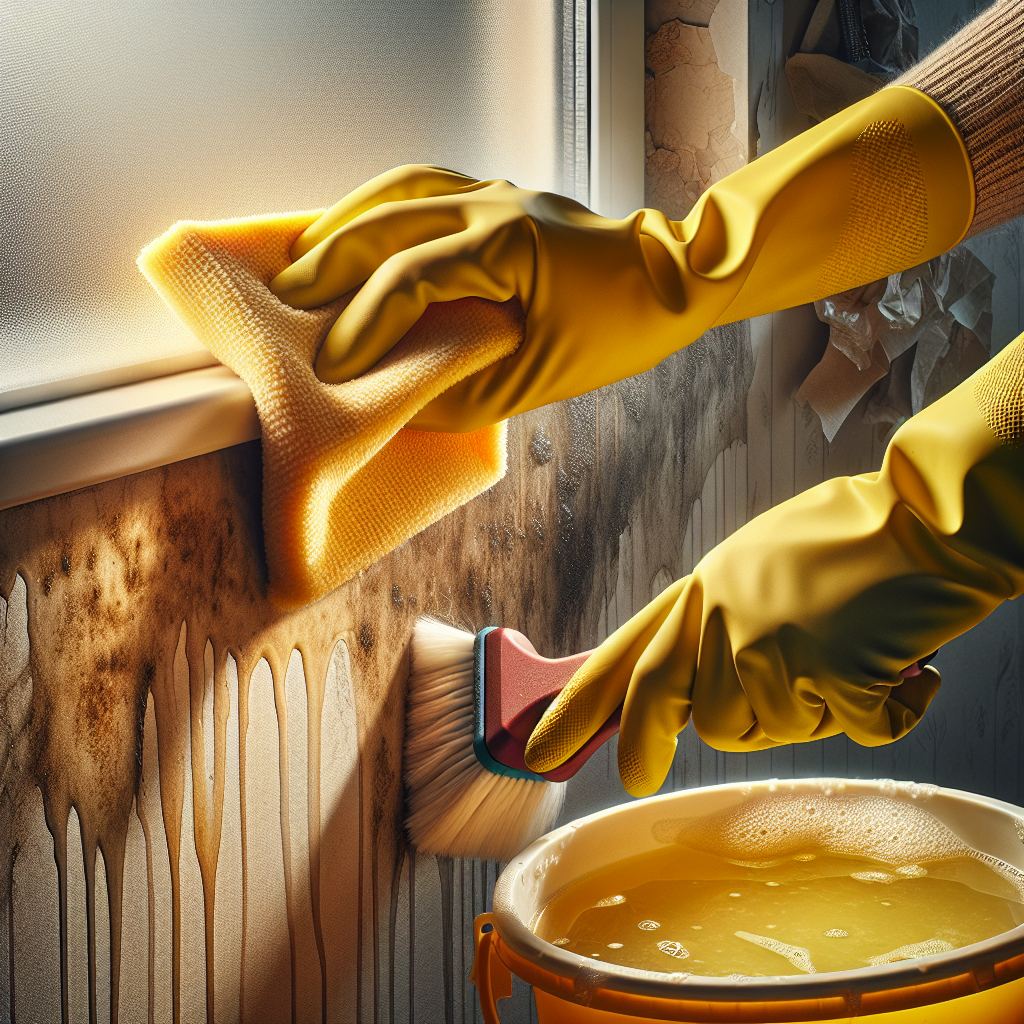 A close-up shot of hands wearing rubber cleaning gloves, actively wiping a stained wall or window frame with a wet microfiber cloth. A bucket of visibly yellow, dirty water sits nearby, emphasizing the removal of nicotine residue. One part of the surface is noticeably cleaner and brighter, contrasting with the remaining stained area, showcasing the cleaning progress. Bright, clean aesthetic beginning to emerge. Realistic, detailed, action shot.