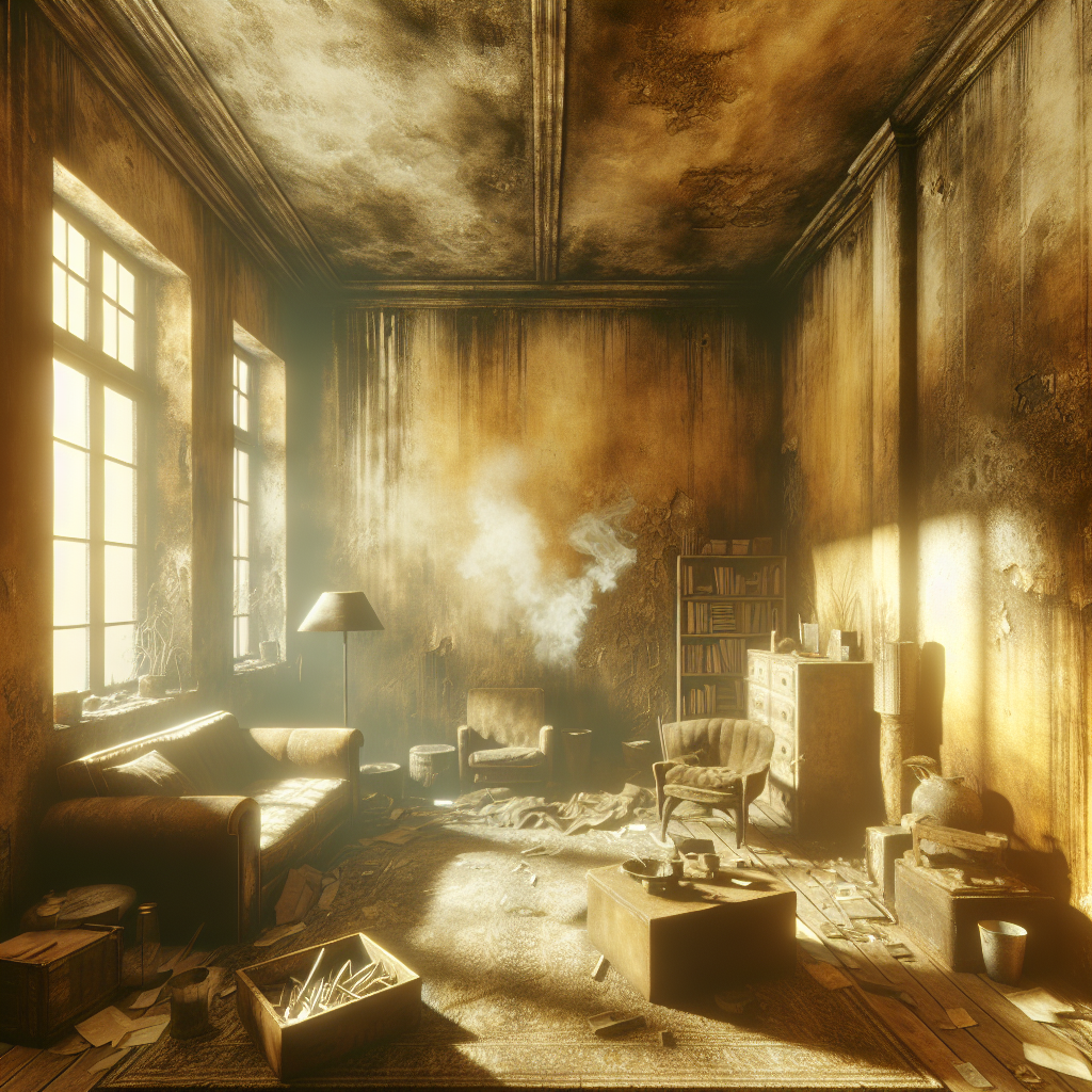 An old, smoke-stained apartment interior. Walls and ceiling are yellowed with nicotine residue, and a subtle, brownish-yellow haze subtly hangs in the air, representing the persistent cold cigarette smoke odor. Old, worn furniture and textiles are visible, conveying a deeply saturated and difficult atmosphere. Emphasize the visual representation of ingrained smell and dirt.
