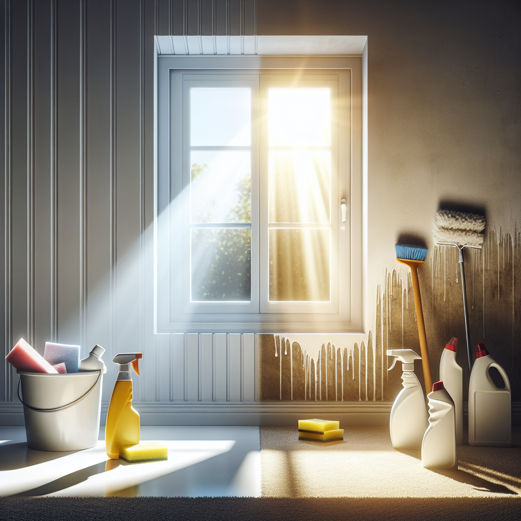 A bright, clean apartment interior with sunlight streaming through a window. One part of a wall is freshly scrubbed white, while an adjacent section still shows faint, old nicotine stains, creating a clear before-and-after contrast. Cleaning supplies like spray bottles, sponges, and a bucket are visible. The overall mood is one of freshness, relief, and a successful transformation.