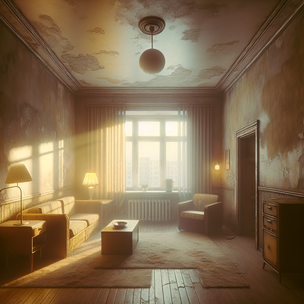 A vintage, slightly worn apartment living room with visible yellowish stains on the walls and ceiling, subtly indicating years of smoking. The air appears heavy and stale, with a faint, almost visible, unpleasant smoke odor lingering. Dim, soft light filters through the window, highlighting the dingy atmosphere. Realistic, detailed.