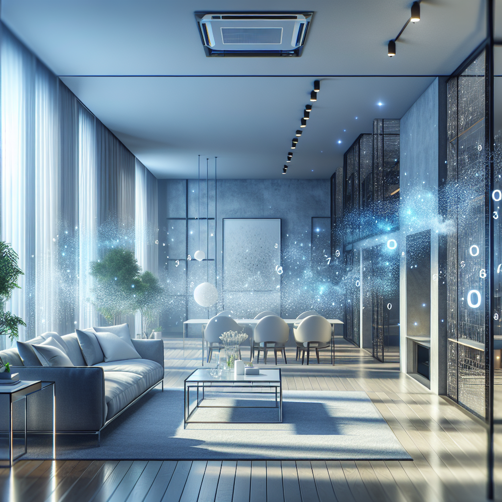 A modern, bright, and impeccably clean apartment living room, filled with sparkling fresh air. Soft, ethereal blue and white light particles subtly shimmer in the air, symbolizing effective ozone purification and the complete absence of odors. A sense of renewed freshness and pristine cleanliness. Realistic, airy, high key lighting.