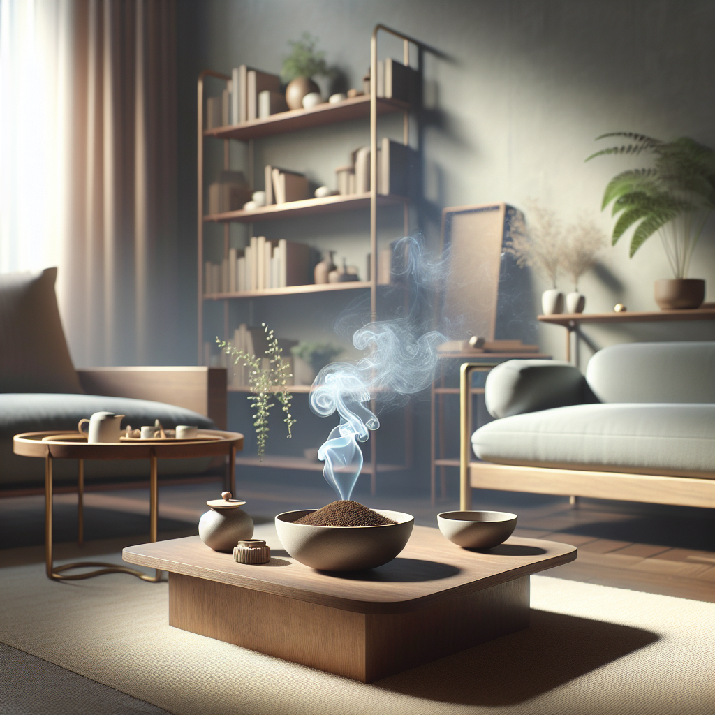 A clean, inviting living room bathed in soft, natural light, with subtle, ethereal wisps of smoke dissolving and fading away into the air. Small, elegant ceramic bowls filled with dark, freshly ground coffee are strategically placed on a wooden coffee table and a bookshelf. The overall atmosphere is fresh, warm, and serene, suggesting the successful removal of unpleasant odors. Photorealistic, slightly stylized.