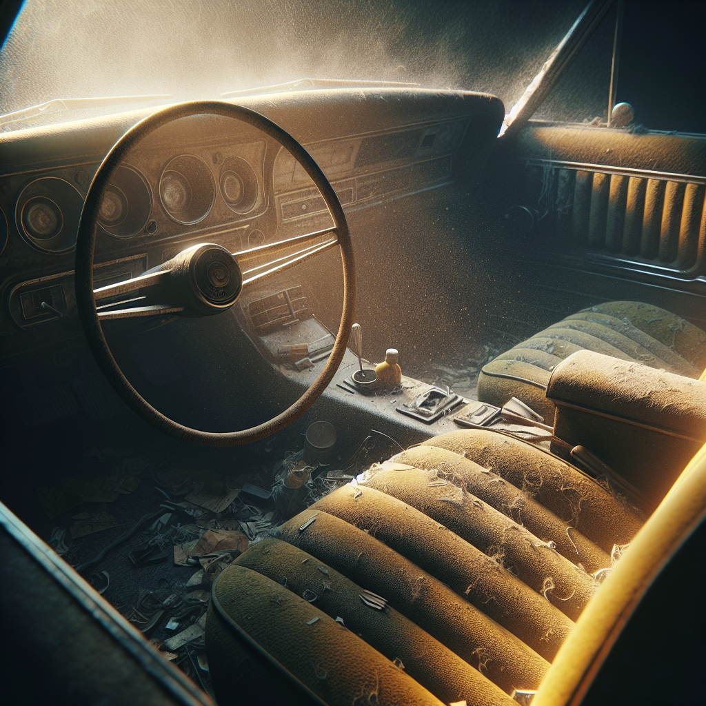 Realistic close-up photo of a stale, neglected car interior, dimly lit, with a subtle yellow tint on the fabric seats and dashboard, hinting at lingering cigarette smoke. A ray of sunlight barely cuts through, illuminating fine dust particles in the air, creating a heavy, unpleasant atmosphere. Focus on texture and the muted color palette typical of a car with a strong, lingering odor. Cinematic, high detail.