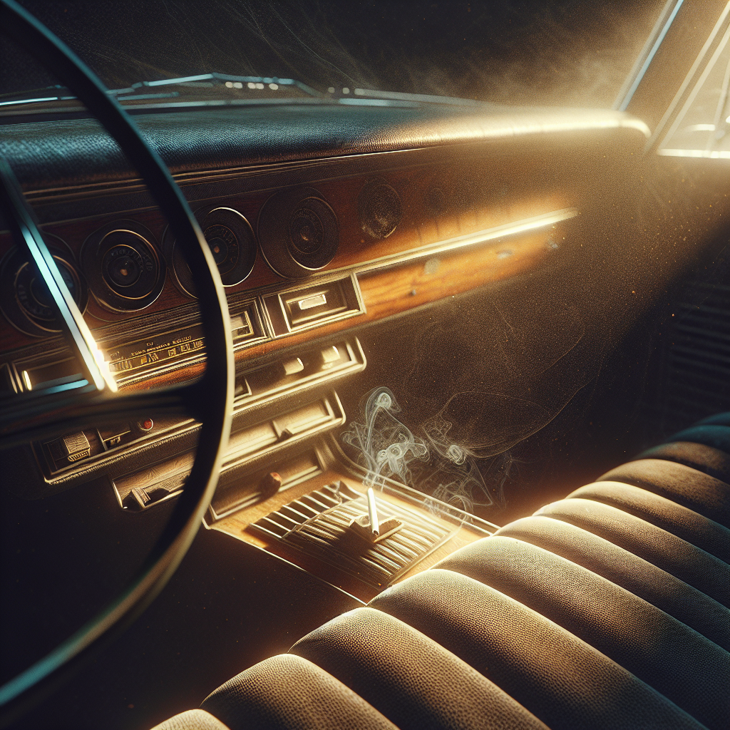 A close-up of a car's interior, dimly lit, showing worn upholstery and dashboard details. Subtle, almost imperceptible wisps of cigarette smoke hang in the air, catching the light, creating a slightly yellowed and stale atmosphere. The overall feeling is one of persistent, unpleasant odor. Photorealistic, dramatic lighting.