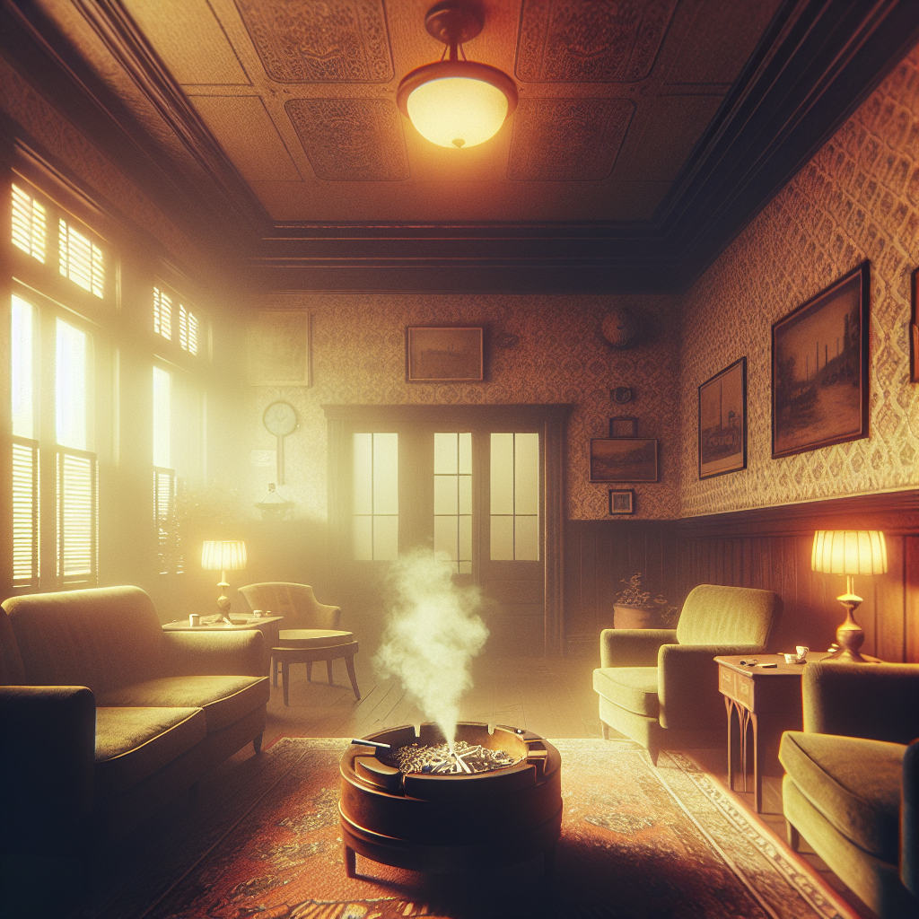 A dimly lit, vintage living room filled with a visible, thick haze of cigarette smoke. The walls and furniture show subtle yellowish nicotine stains, creating a heavy, unpleasant atmosphere. Ashtrays are present, and the overall impression is one of a deeply ingrained, persistent odor in a neglected space. Realistic, high detail, atmospheric.