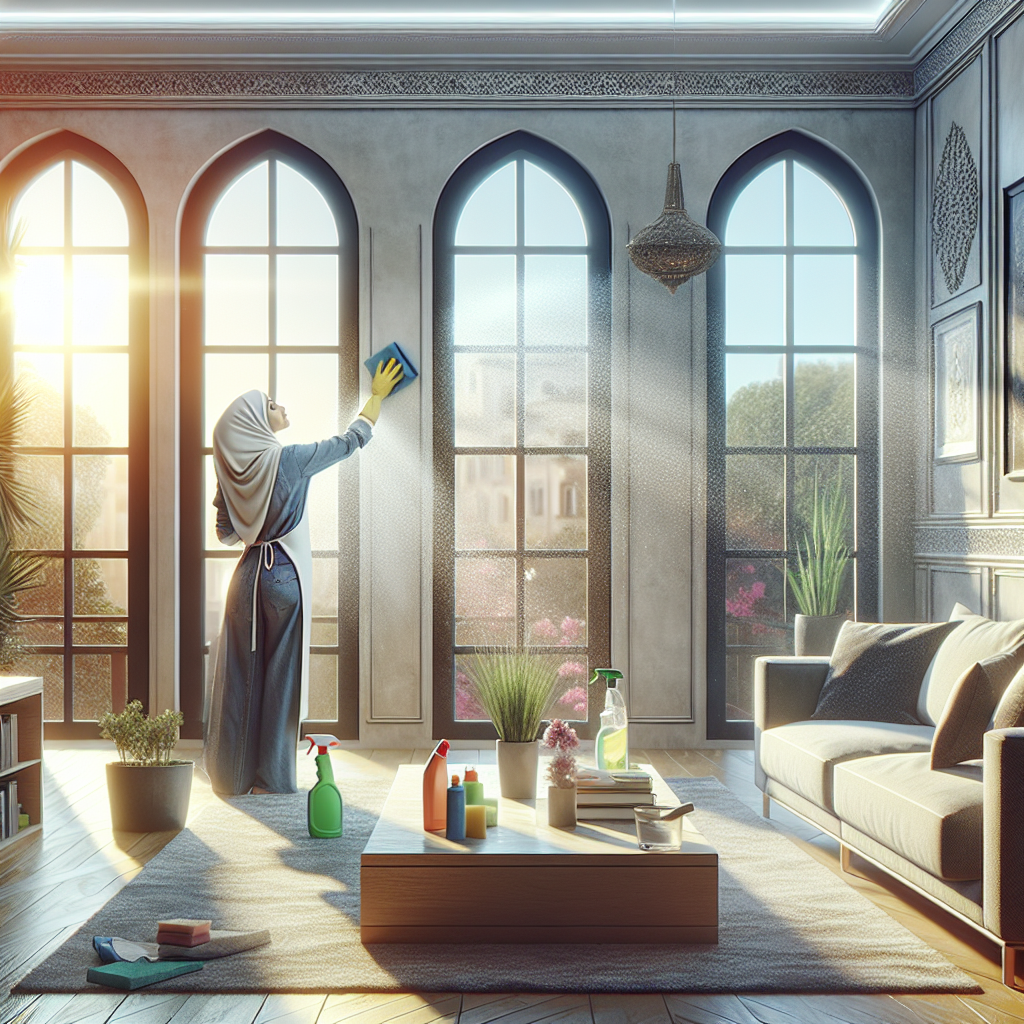 A sparkling clean and brightly lit living room with large windows wide open, letting in abundant fresh air and natural light. A person, looking determined, is wiping down a wall with a sponge, using cleaning products. The room feels renewed, airy, and free of any odors, symbolizing the successful removal of nicotine smell. Focus on freshness, cleanliness, and active restoration. Realistic, high detail, vibrant.