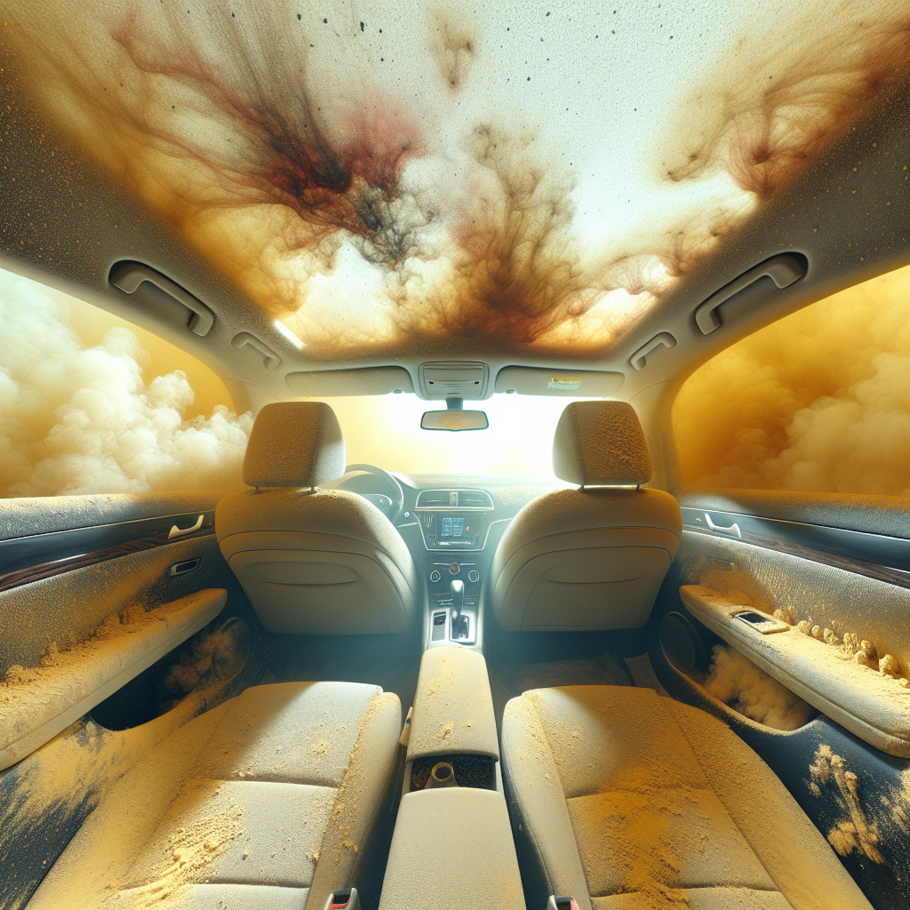 A close-up shot inside a car, focusing on the fabric upholstery and ceiling, which show a dull, yellowish discoloration and residue indicative of heavy cigarette smoke. The air appears slightly hazy and stale, conveying an unpleasant and persistent nicotine smell. Realistic, with muted colors to emphasize the grimy feel.