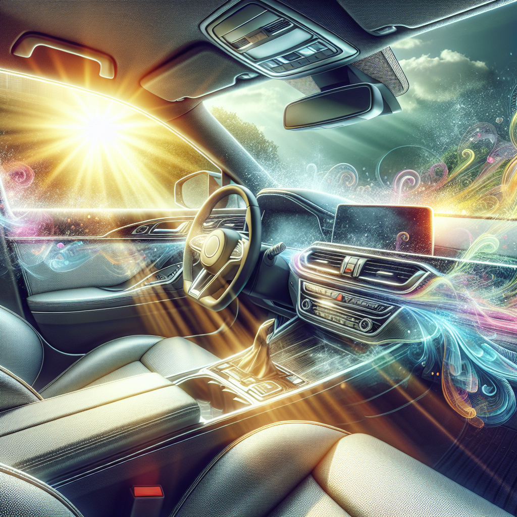 A bright and fresh car interior, bathed in natural sunlight streaming through open windows. The meticulously cleaned upholstery, dashboard, and surfaces sparkle, with no signs of smoke residue. A subtle visual of air circulation and a feeling of pure, fresh air, creating an inviting and renewed atmosphere. Realistic, vibrant colors.