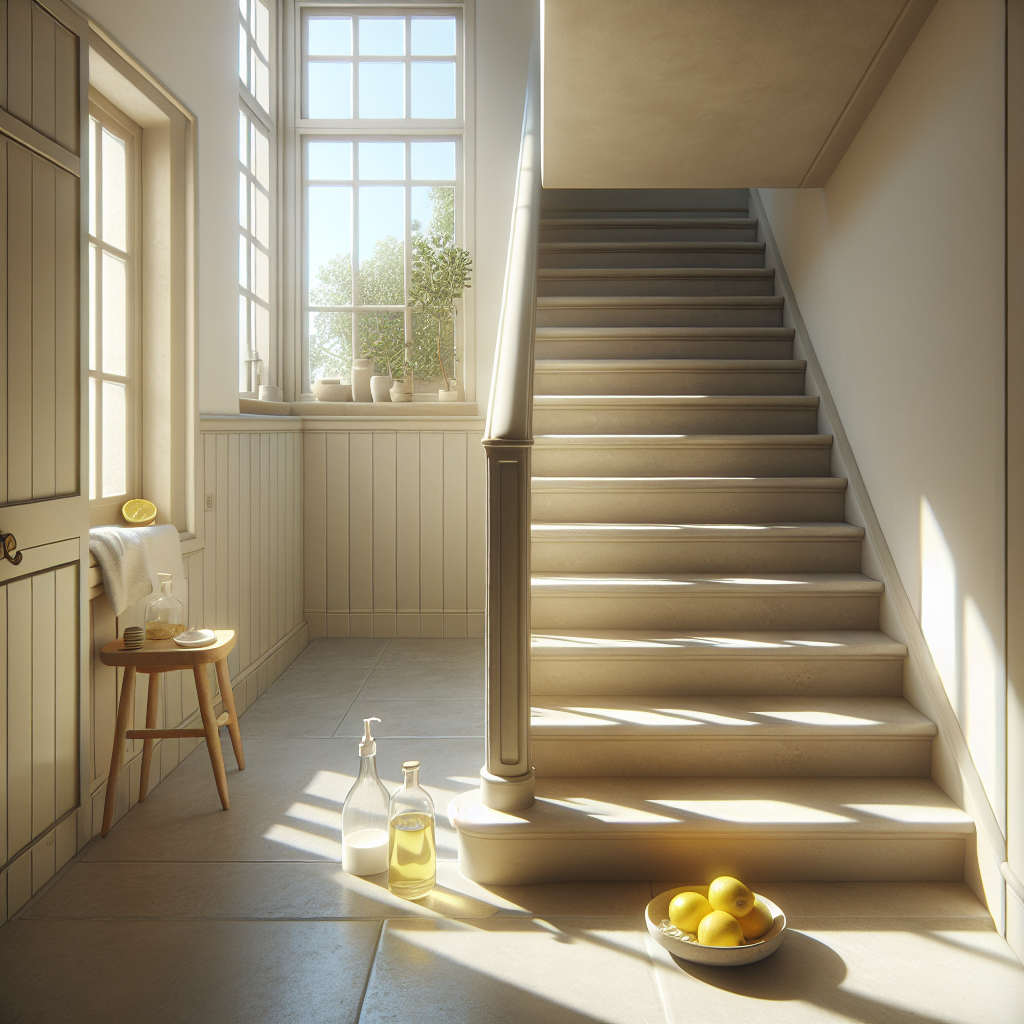 A bright, clean, and airy apartment building staircase. Sunlight streams through an open window, creating a fresh, inviting atmosphere. A small bowl with lemon slices and a bottle of vinegar are subtly placed on a step, symbolizing natural odor removal and freshness. The walls are light and pristine. Realistic, optimistic, wide shot.