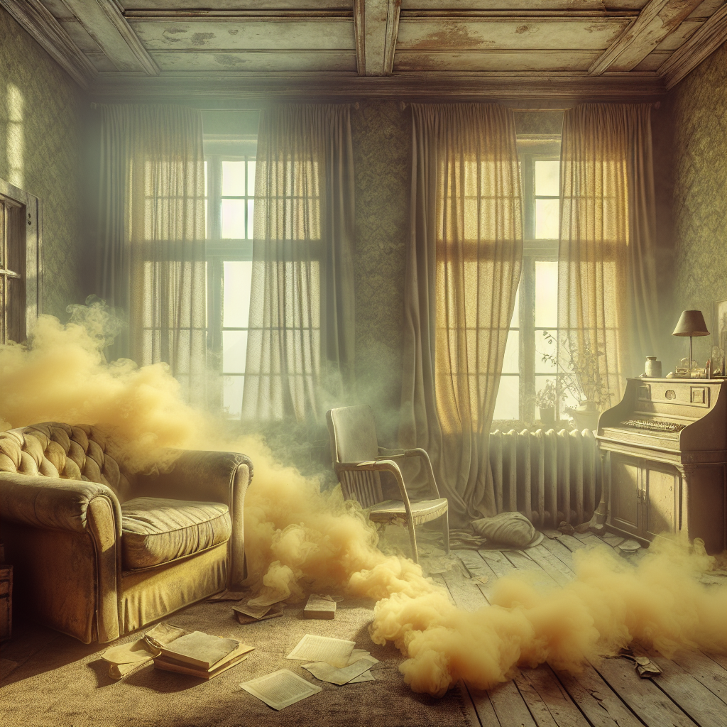 A cozy but visibly stale living room with an old armchair and heavy curtains. A subtle, unpleasant yellowish-brown tint permeates the air and surfaces, suggesting a lingering, persistent cigarette smoke odor. The atmosphere feels heavy and unwelcoming. Focus on showing the impact of the smell. Realistic photo.