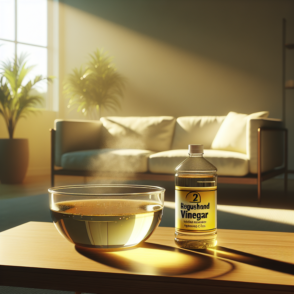 A minimalist, sunlit room with a subtle, yellowish haze in the air, representing lingering nicotine smell. On a wooden coffee table, a clear glass bowl filled with household vinegar sits prominently, with a generic bottle of vinegar next to it. The image should convey the idea of purification and odor neutralization. Realistic, high detail.