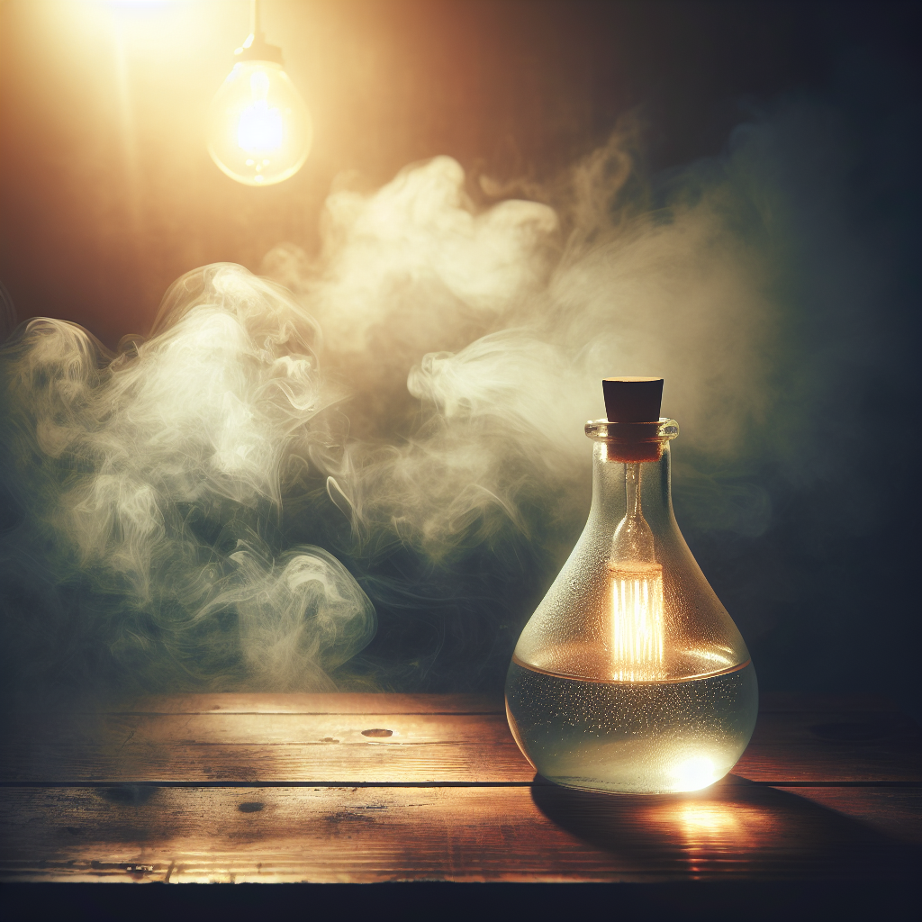 A cozy, somewhat smoky-looking living room, with a subtle yellowish-brown tint permeating the air, suggesting stubborn nicotine smell. In the foreground, a clear glass bottle of white vinegar stands prominently on a wooden table, emanating a gentle, fresh, neutralizing glow that pushes back the smoky haze. The scene should convey a sense of hope and cleanliness, realistic photography, soft natural light.