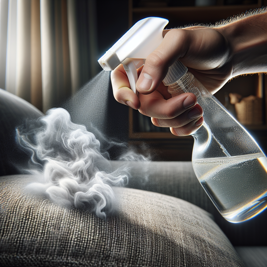 A close-up, dynamic shot of a hand holding a clear spray bottle filled with a translucent vinegar-water mixture, actively spraying a fine mist onto a subtly discolored, fabric surface (like a sofa cushion or a curtain) that shows signs of nicotine residue. The focus is on the cleaning action and the refreshing impact of the vinegar. Realistic, bright and clean photography, shallow depth of field.