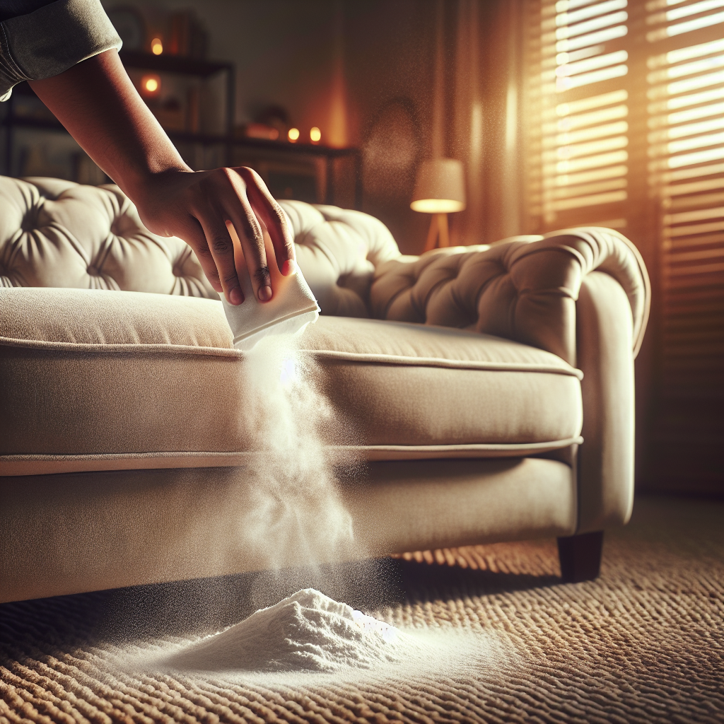 A close-up of a hand gently sprinkling white baking soda powder generously over a plush, slightly faded living room sofa or a textured carpet. The scene subtly hints at a lingering, old cigarette smoke smell being addressed, with warm, inviting lighting, emphasizing the cleaning process. Realistic, high-detail.