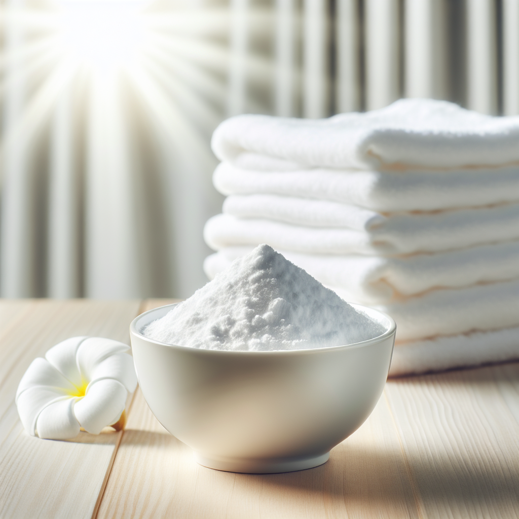A bright and fresh image featuring a small, elegant white ceramic bowl filled with baking soda powder, placed on a clean, light wooden surface. Next to it, a neatly folded pile of freshly laundered white towels or clothes emanates a sense of purity and cleanliness, suggesting a completely neutral scent. The background is softly blurred, evoking an airy, tidy home environment with ample natural light.