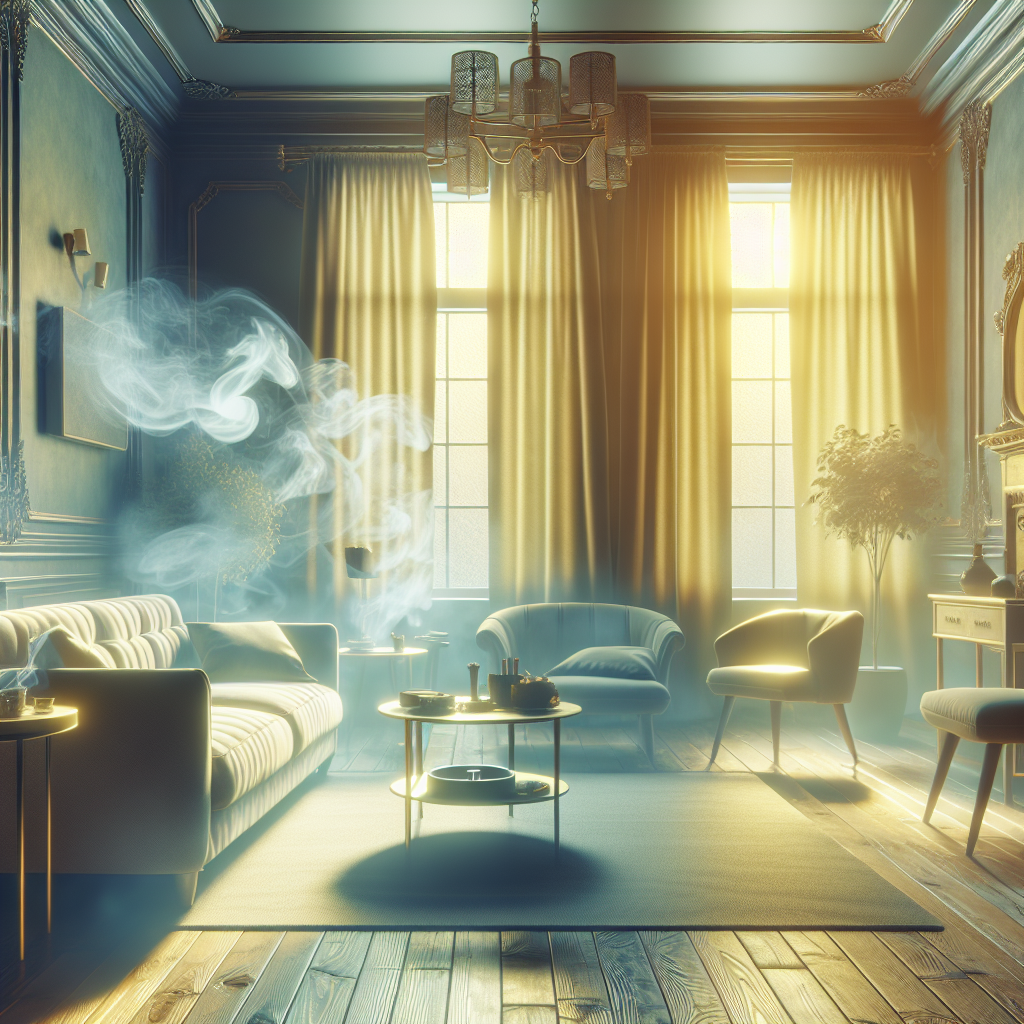A living room interior with subtle hints of lingering cigarette smoke, depicted by a faint yellowish tint on the curtains and furniture, creating a sense of an unpleasant, stale atmosphere. No people or animals.