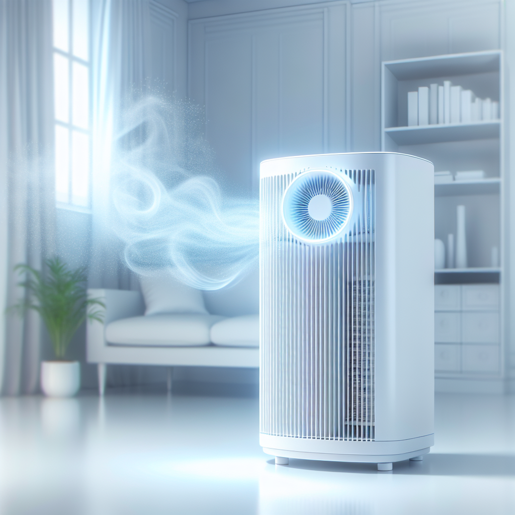 A modern, sleek ozone generator operating in a clean, bright room. The air appears visibly fresh and pure, with a gentle, invisible wave of purification radiating from the device, suggesting a fresh, neutral scent. No people or animals.