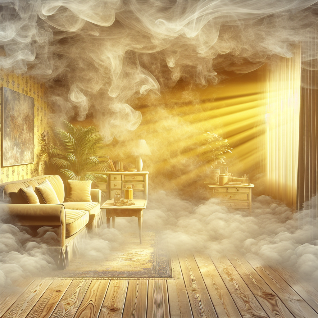 A living room heavily permeated by nicotine smoke. Yellowish haze visible in sunbeams, dull and discolored curtains and furniture, creating a stale, unwelcoming atmosphere. A sense of lingering, deep-seated odor. Realistic, detailed.