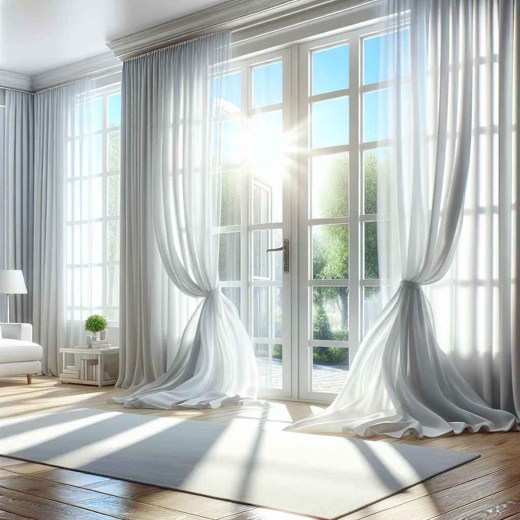 A bright and fresh living room after professional cleaning. Wide-open windows let in brilliant, clear sunlight, clean white curtains gently billowing. The air appears crisp and pure, conveying a sense of renewed freshness and cleanliness. Realistic, optimistic.