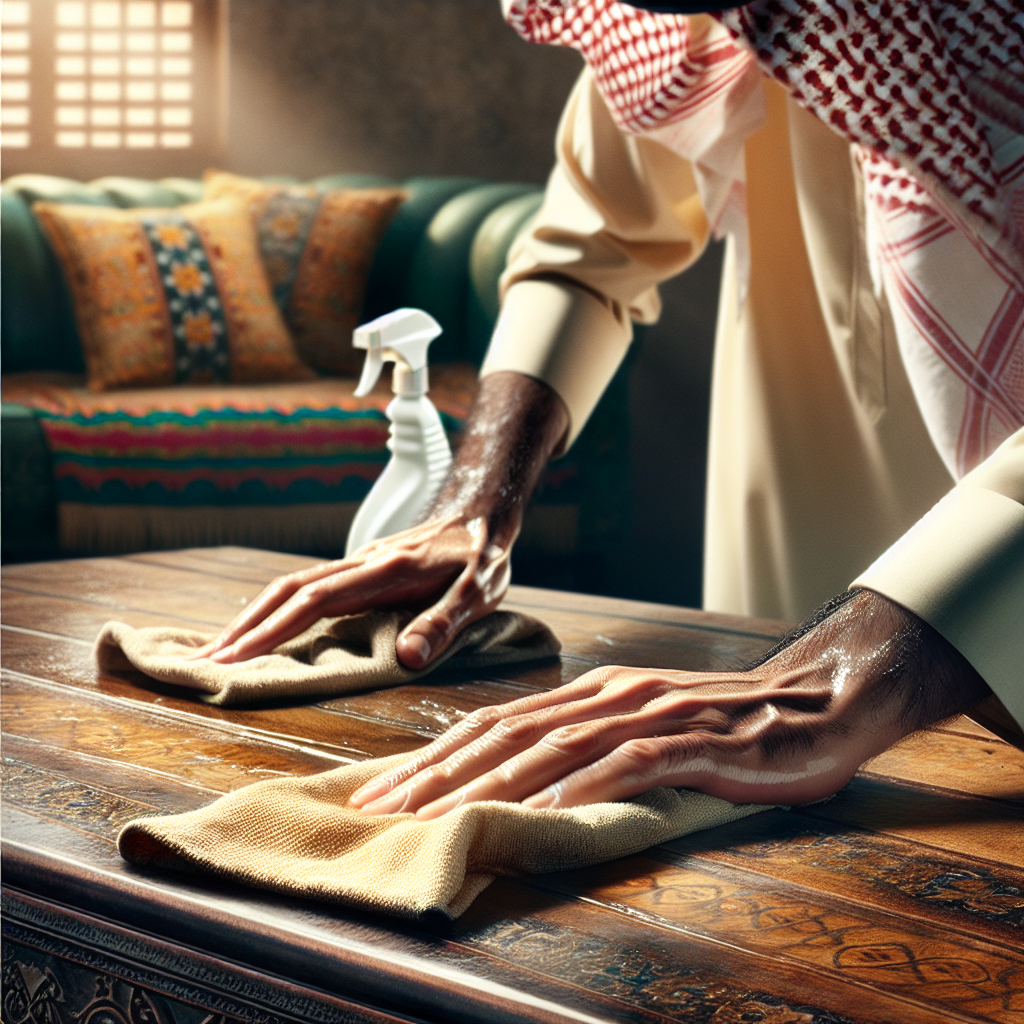 A close-up of hands actively wiping down a surface, such as a wooden table or a car dashboard, with a damp cloth and a spray bottle of cleaner nearby. The area being cleaned should visibly transform from a slightly discolored or dull state to a clean, bright, and fresh appearance. In the background, softly blurred, are textiles like curtains or upholstery, hinting at a broader cleaning effort. Realistic style, bright and clean aesthetic, focus on the action.