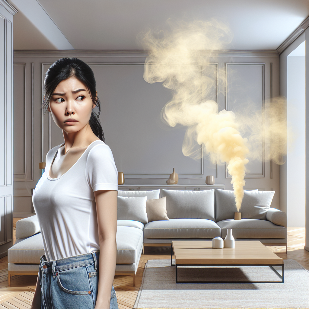 A modern, freshly renovated living room with light-colored walls and new flooring. Despite its pristine appearance, a subtle, almost invisible yellowish haze or faint smoke wisps are gently emanating from the walls and ceiling, symbolizing a persistent, lingering cigarette smoke odor. A person stands in the center, looking puzzled and slightly frustrated, sniffing the air. Realistic, bright, modern aesthetic.