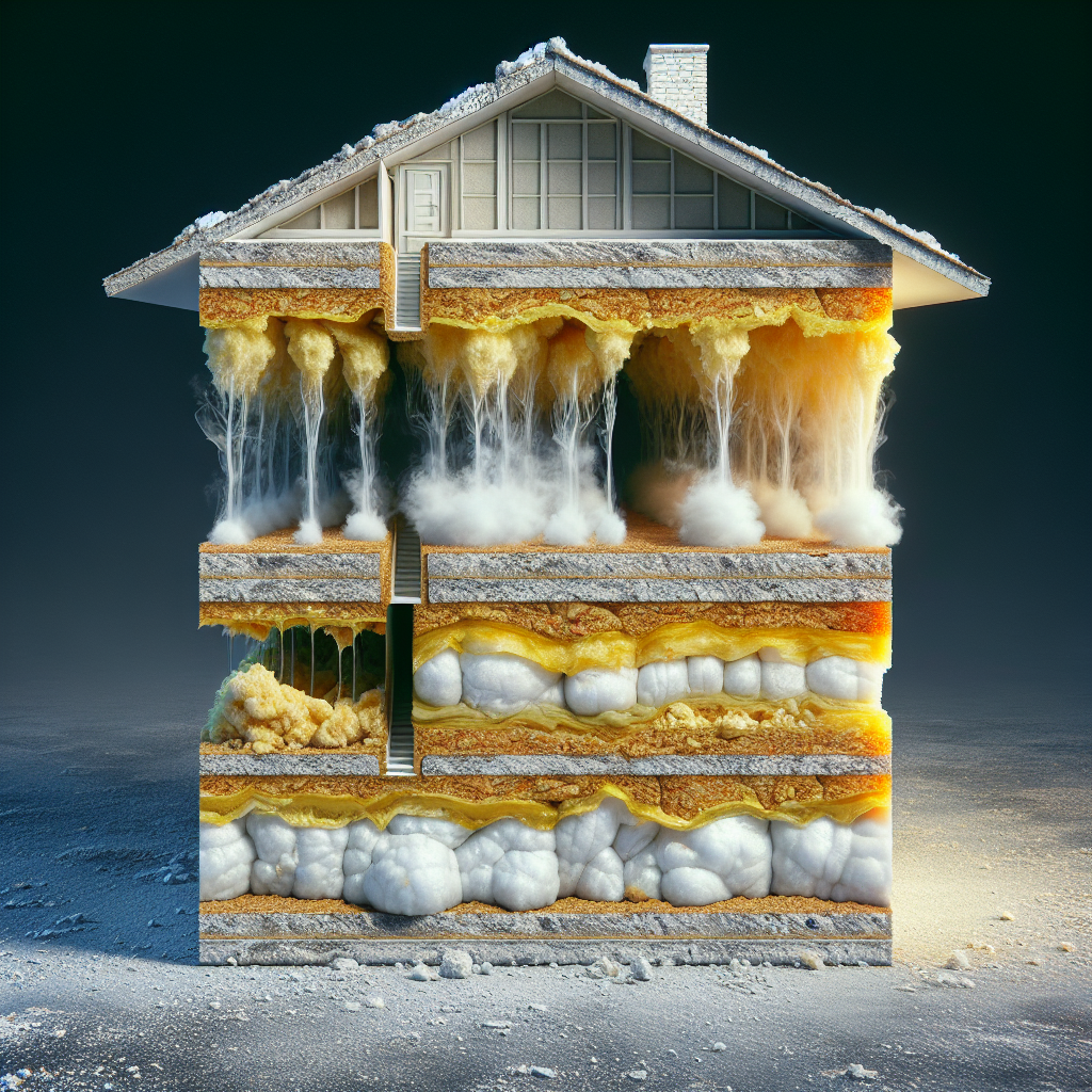 An artistic cross-section of a house wall, showing layers of plaster and insulation. The outermost layer is clean and freshly painted white, but beneath it, deep within the material, are visible yellowish-brown nicotine stains and residue. From these deep layers, subtle, almost glowing smoke-like tendrils are softly rising, illustrating how deeply nicotine smell penetrates and lingers. Close-up, high detail, scientific yet artistic rendering.