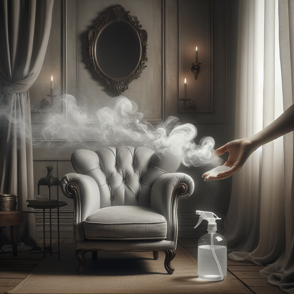 A subtly desaturated, slightly smoky-tinted vintage living room interior, focusing on an old upholstered armchair and curtains, with a faint, swirling gray vapor emanating, symbolizing stubborn nicotine odor. In the foreground, a clean, modern hand is sprinkling white powder (baking soda) onto the armchair, with a clear spray bottle containing liquid nearby, representing the removal process. Clean aesthetic, soft natural light.