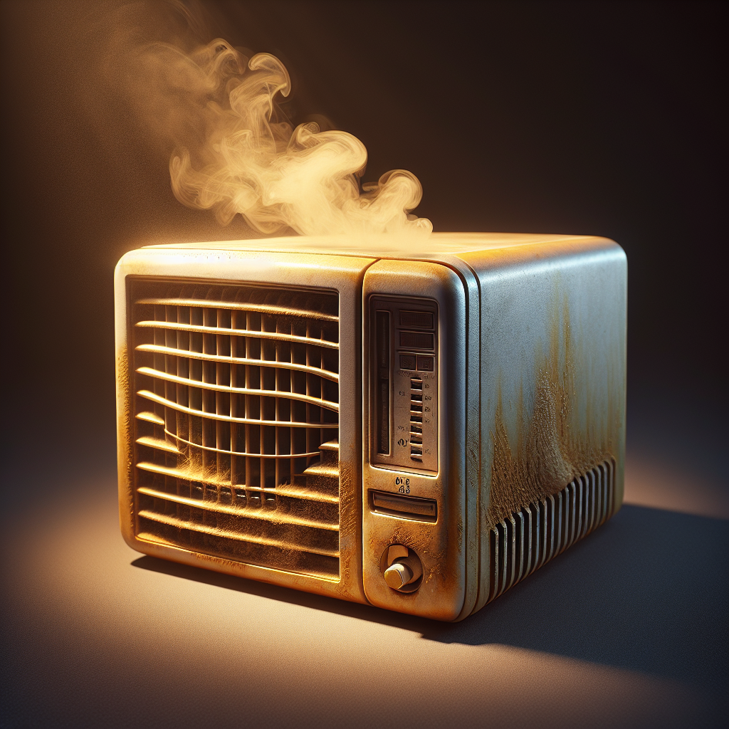 A close-up shot of an older model television or laptop, with a subtle, yellowish-brown haze or smoke gently swirling out of its ventilation grates, symbolizing a deeply ingrained nicotine smell. The device appears slightly discolored, hinting at years of exposure to smoke. Realistic, studio lighting, focus on the device's vents and the subtle haze.