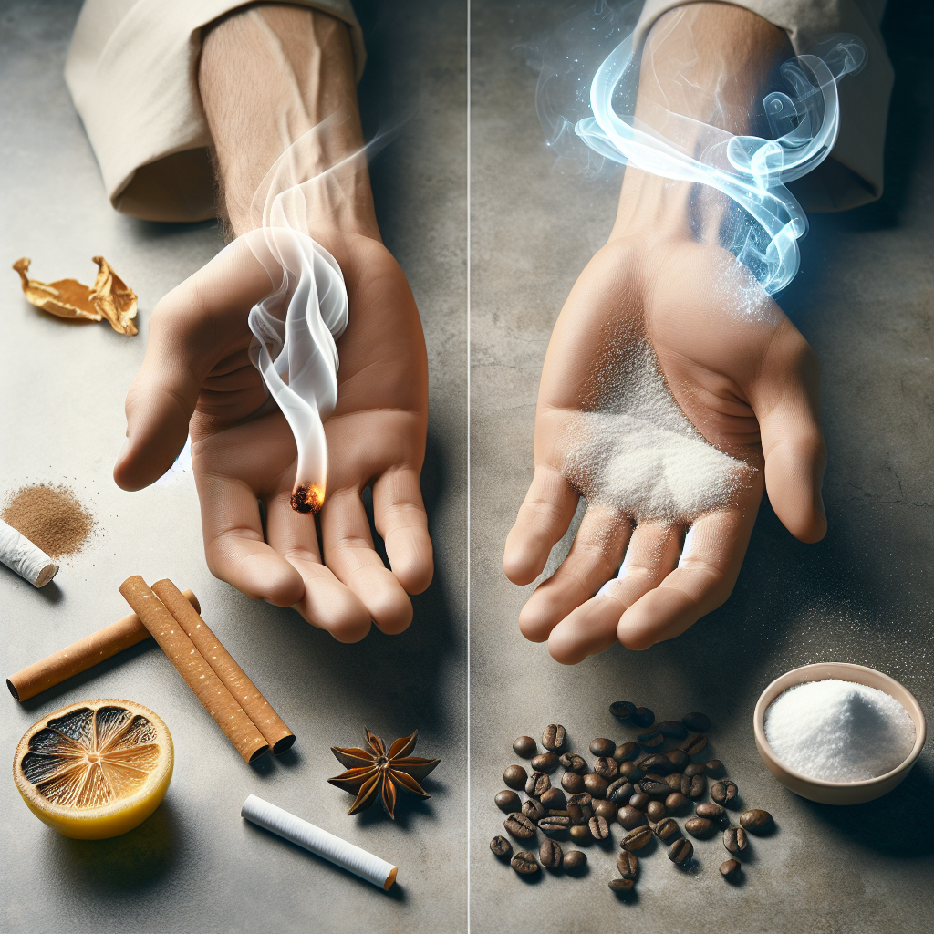 A close-up of a person's hands, one hand subtly displaying a faint, smoky aura symbolizing lingering cigarette smell, while the other appears clean and fresh. In the soft-focus background, natural elements like a sliced lemon, coffee beans, and a small bowl of white powder (baking soda) are artfully arranged, suggesting home remedies. Bright, clean aesthetic, high-resolution.