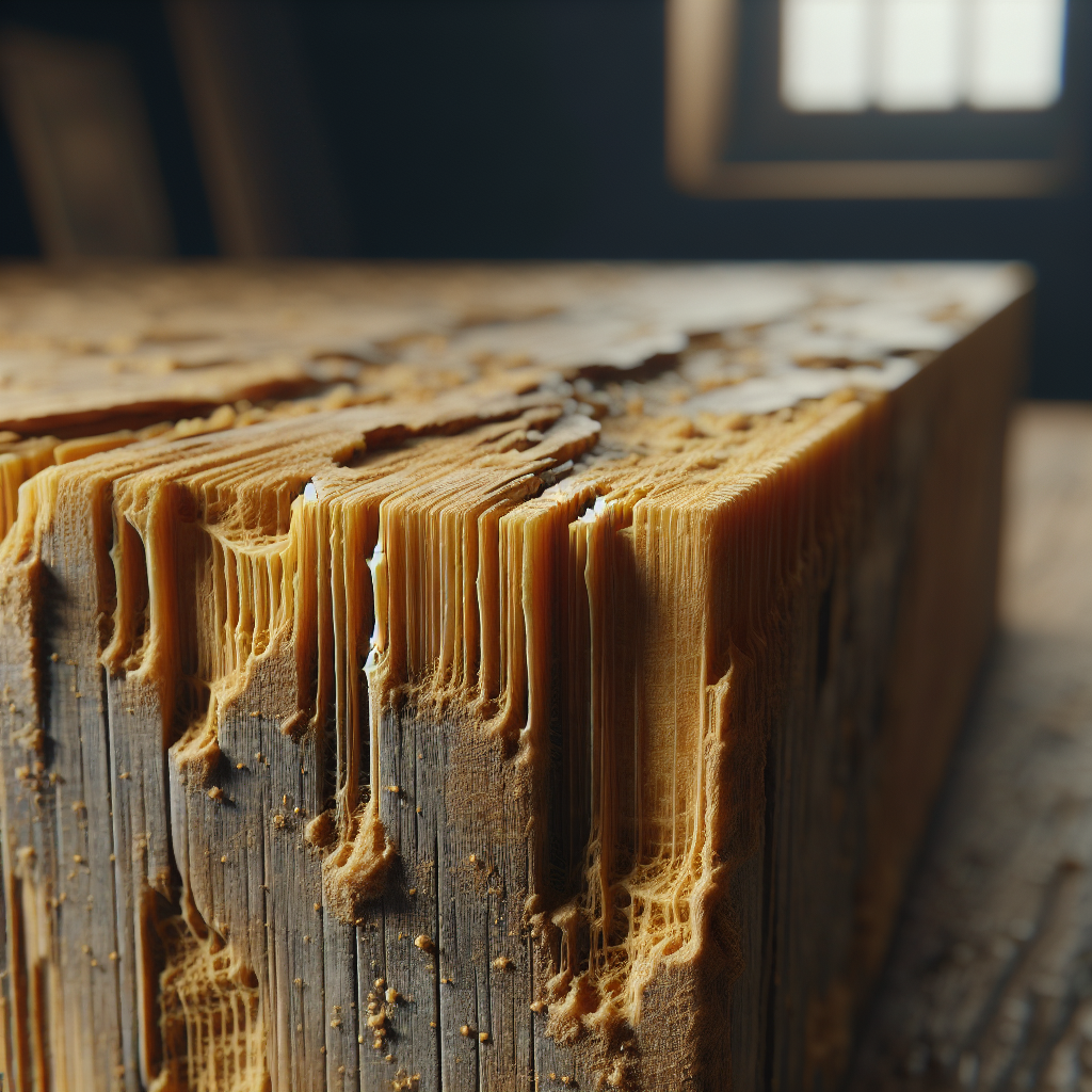A close-up of an old, untreated wooden surface, possibly part of an antique furniture piece or paneling, showing a distinct yellowish-brown discoloration and subtle grime indicative of long-term nicotine exposure. The texture of the wood grain should be visible, emphasizing how the smell permeates deep into the material. The lighting is slightly dim, creating an atmosphere of something needing cleaning.