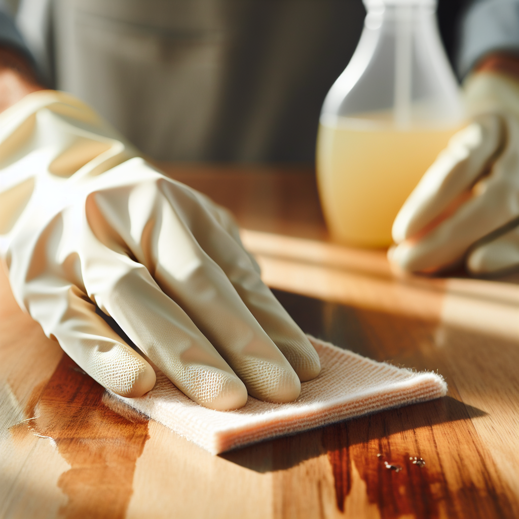 A pair of hands, wearing light cleaning gloves, gently wiping down a section of a wooden surface with a soft, slightly damp cloth. A subtle streak of a cleaner area contrasts with a still discolored, yellowish section of the wood, illustrating the cleaning process. A small, generic bottle of a household cleaning liquid (like vinegar) could be blurred in the background. Bright, natural lighting, conveying a sense of freshness and effort.