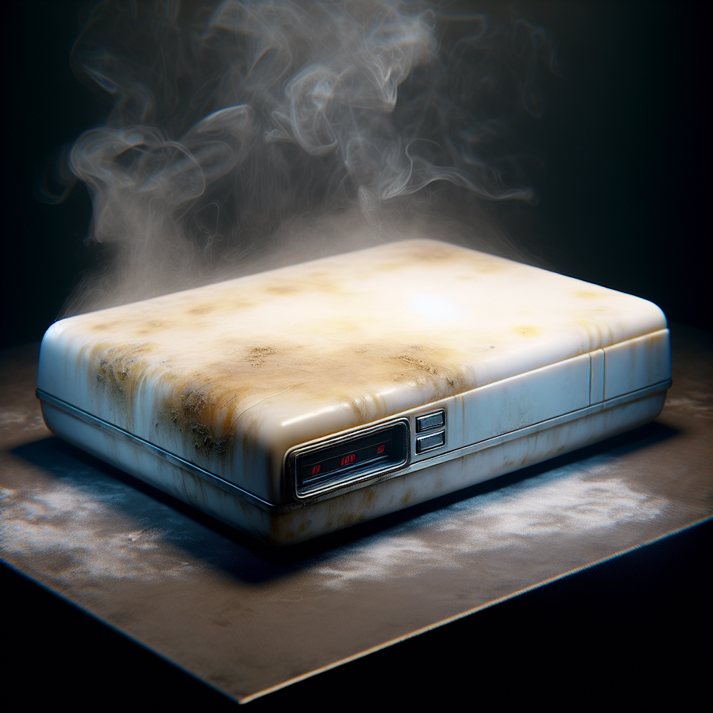 A close-up shot of an aged, slightly yellowed white plastic surface, like a car dashboard or an old computer case. Subtle, yellowish-brown stains are visible, and ethereal wisps of smoke or a smoky aura are subtly rising from the surface, symbolizing a lingering nicotine odor. The lighting is somewhat dim, conveying an unpleasant atmosphere, ultra-realistic.