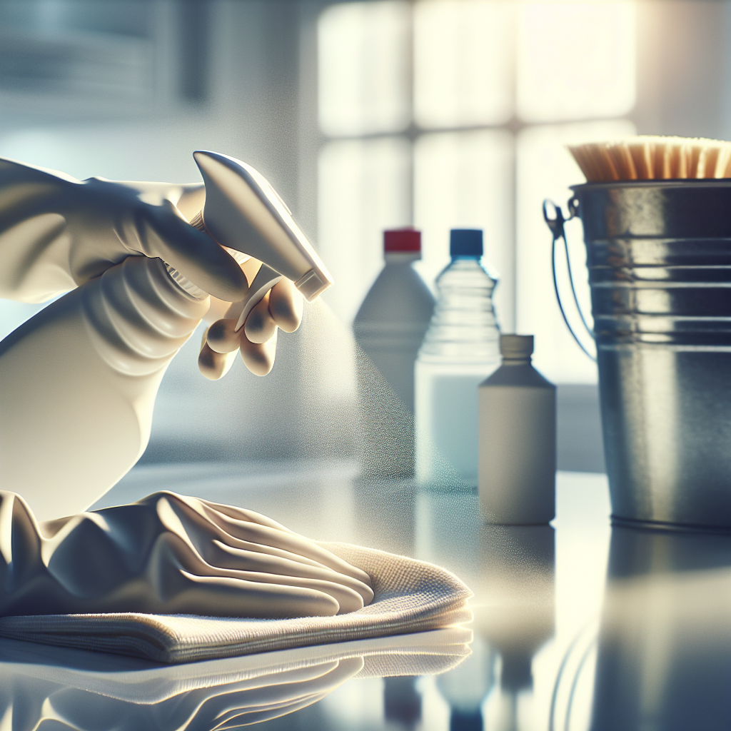 A pair of gloved hands diligently cleaning a section of a clean, modern white plastic surface with a microfiber cloth, applying a solution from a generic spray bottle. In the softly blurred background, common cleaning supplies like a bottle of vinegar, a box of baking soda, and a bucket are visible, emphasizing the process of removing stubborn odors. The scene is brightly lit and clean, highlighting freshness and efficacy.