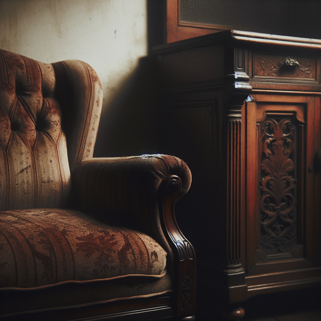 An old, slightly worn upholstered armchair or a vintage wooden cabinet, subtly showing signs of ingrained smoke smell. The atmosphere is somewhat muted, with soft, slightly warm lighting, hinting at a stale environment. Focus on texture and realism.