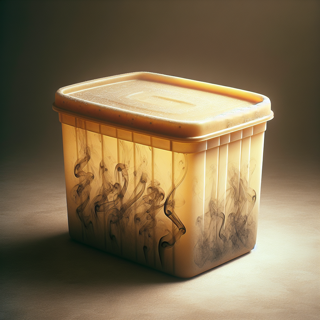 A close-up of an old, yellowed plastic storage container with faint, swirling smoke patterns subtly integrated into its surface texture, visually representing the deeply absorbed nicotine smell. The container is placed on a simple, slightly textured surface, under a soft, somewhat somber light. The overall impression is one of a persistent, unpleasant odor embedded in the material. Realistic photograph.