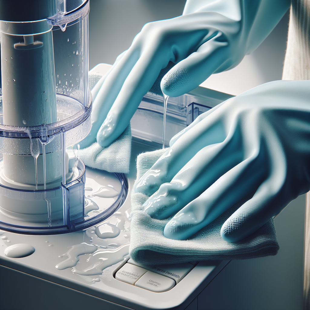 A pair of hands, wearing light blue cleaning gloves, meticulously wiping down a section of a white plastic appliance (e.g., a food processor base) with a damp cloth. A clear, sparkling liquid drips from the cloth. One side of the plastic is visibly brighter and pristine, while the other still shows a subtle dullness, creating a clear 'before and after' effect in the cleaning process. Bright, natural light illuminates the scene, emphasizing cleanliness and the effectiveness of the method. Realistic, high-detail photograph.