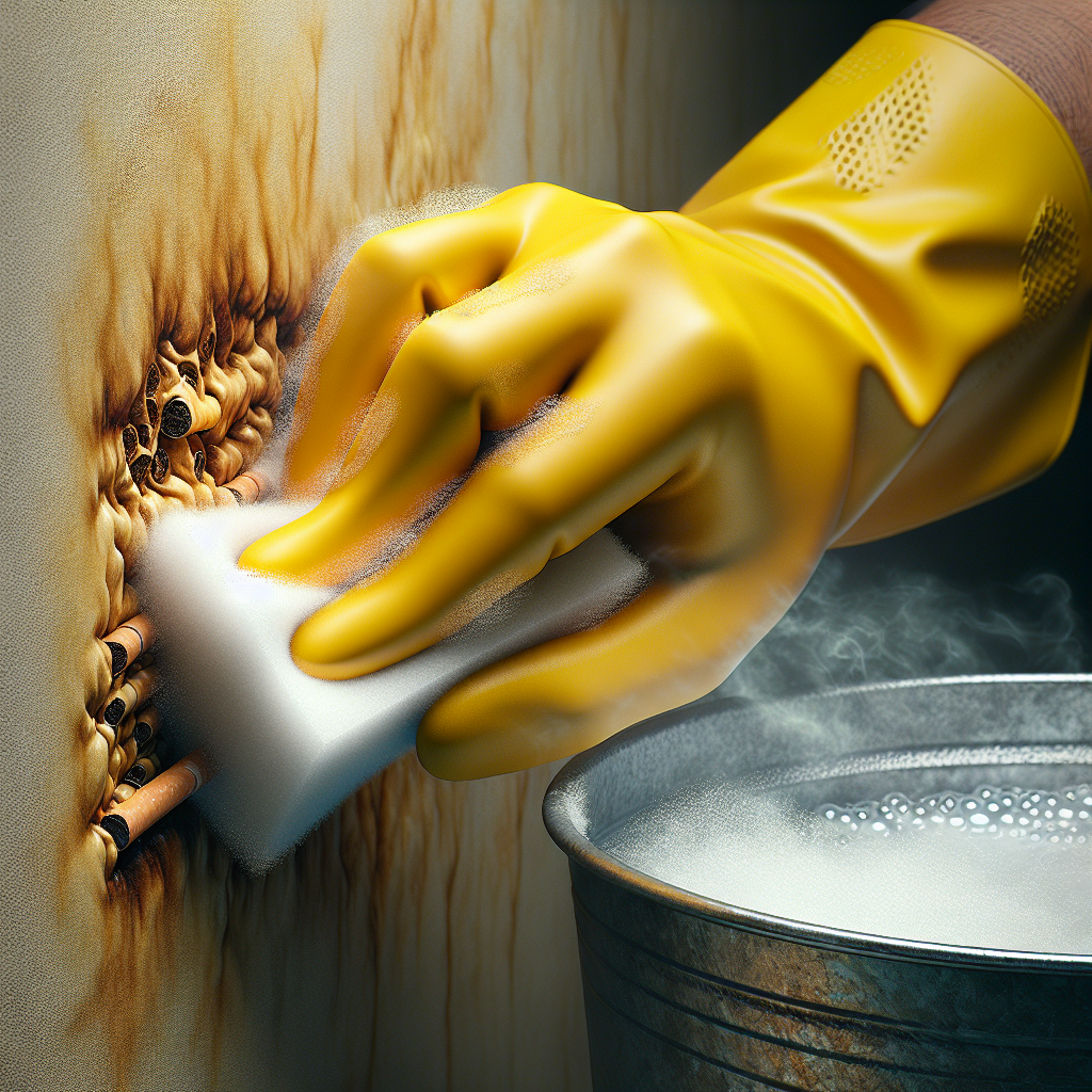 A close-up of a hand wearing a yellow rubber glove, diligently scrubbing a section of a yellowish-brown wall with a white sponge. A bucket of soapy water is partially visible and blurred in the foreground. The wall shows a clear contrast between the visibly cleaned area and the stubborn nicotine stain, emphasizing the effort to remove the persistent odor. Realistic lighting, indoor setting.