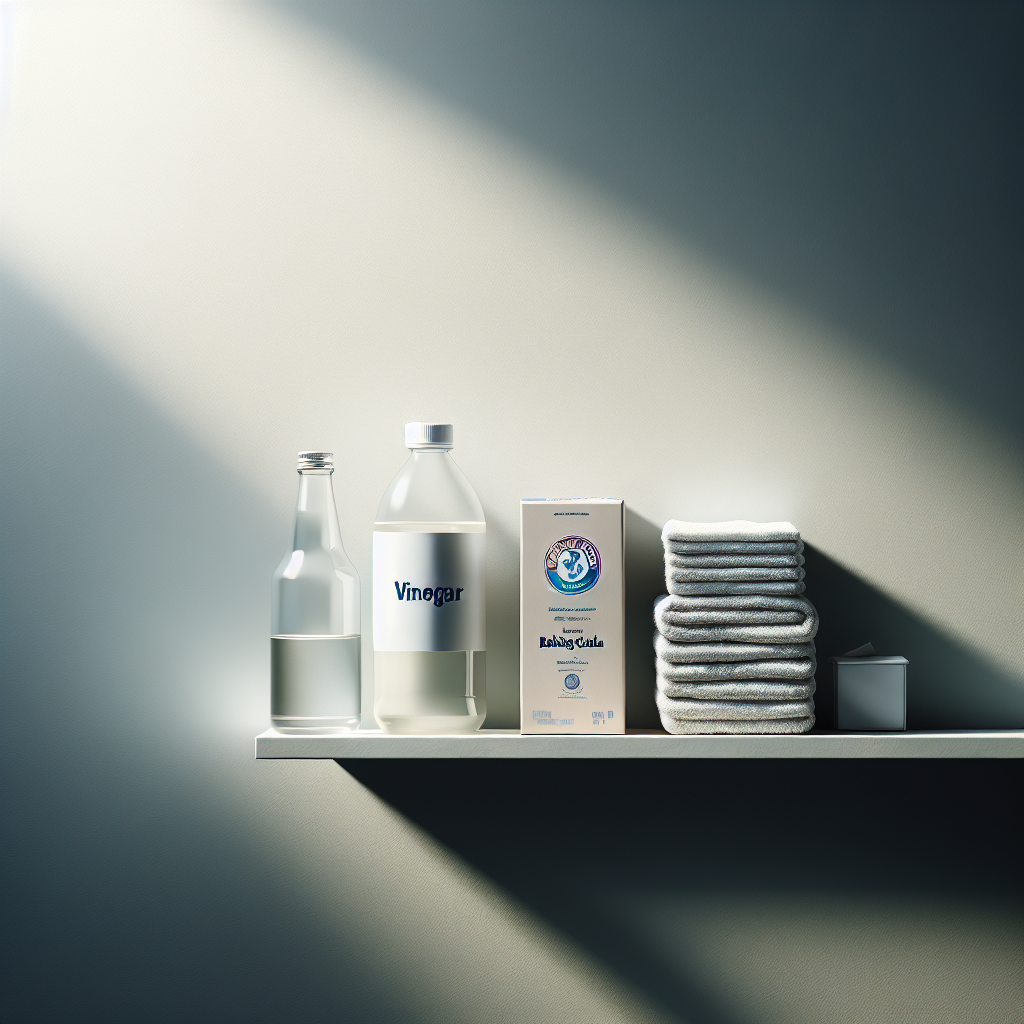 A minimalist still life featuring cleaning supplies against a bright, clean, and freshly painted or thoroughly cleaned wall. Elements include a bottle of vinegar, a box of baking soda, and a clean microfiber cloth neatly arranged on a simple shelf or ledge. The scene is bathed in soft, natural light, conveying a sense of freshness, purity, and effective cleaning. Modern, airy aesthetic.