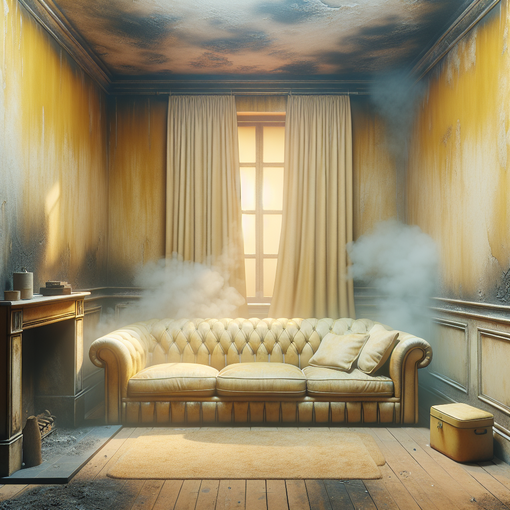 Ein Innenraum eines Wohnzimmers, der deutlich von Zigarettenrauch gezeichnet ist. Gelbliche Wände und Decken, schwere Vorhänge und ein älteres Sofa zeigen sichtbare Ablagerungen von Nikotin und Rauchgeruch. Die Atmosphäre ist gedämpft und unangenehm, was den hartnäckigen und abgestandenen Nikotingeruch vermittelt. Realistischer Stil, Innenraumfotografie.