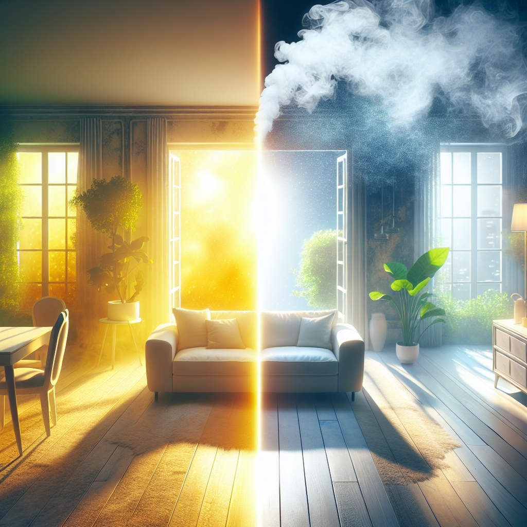 A visually striking split image. On the left side, a dimly lit, interior room with a visible, hazy, yellowish smoke, indicating a persistent nicotine smell, with somewhat dingy textiles and surfaces. On the right side, the same room is transformed: bright, airy, with open windows letting in sunlight, clean white walls, fresh green plants, and a sense of sparkling cleanliness and fresh air, symbolizing the successful removal of the odor.