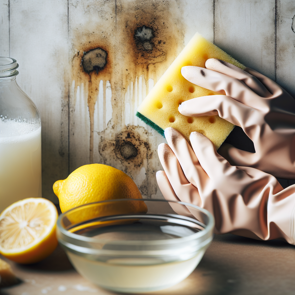 A close-up shot of hands, possibly wearing light cleaning gloves, diligently wiping down a stained or yellowed wall surface with a sponge. A transparent glass bowl with water and several lemon slices, or a bottle of white vinegar, is visible in the background, subtly indicating natural cleaning methods. The focus is on the detailed action of deep cleaning to remove stubborn residues and restore freshness.