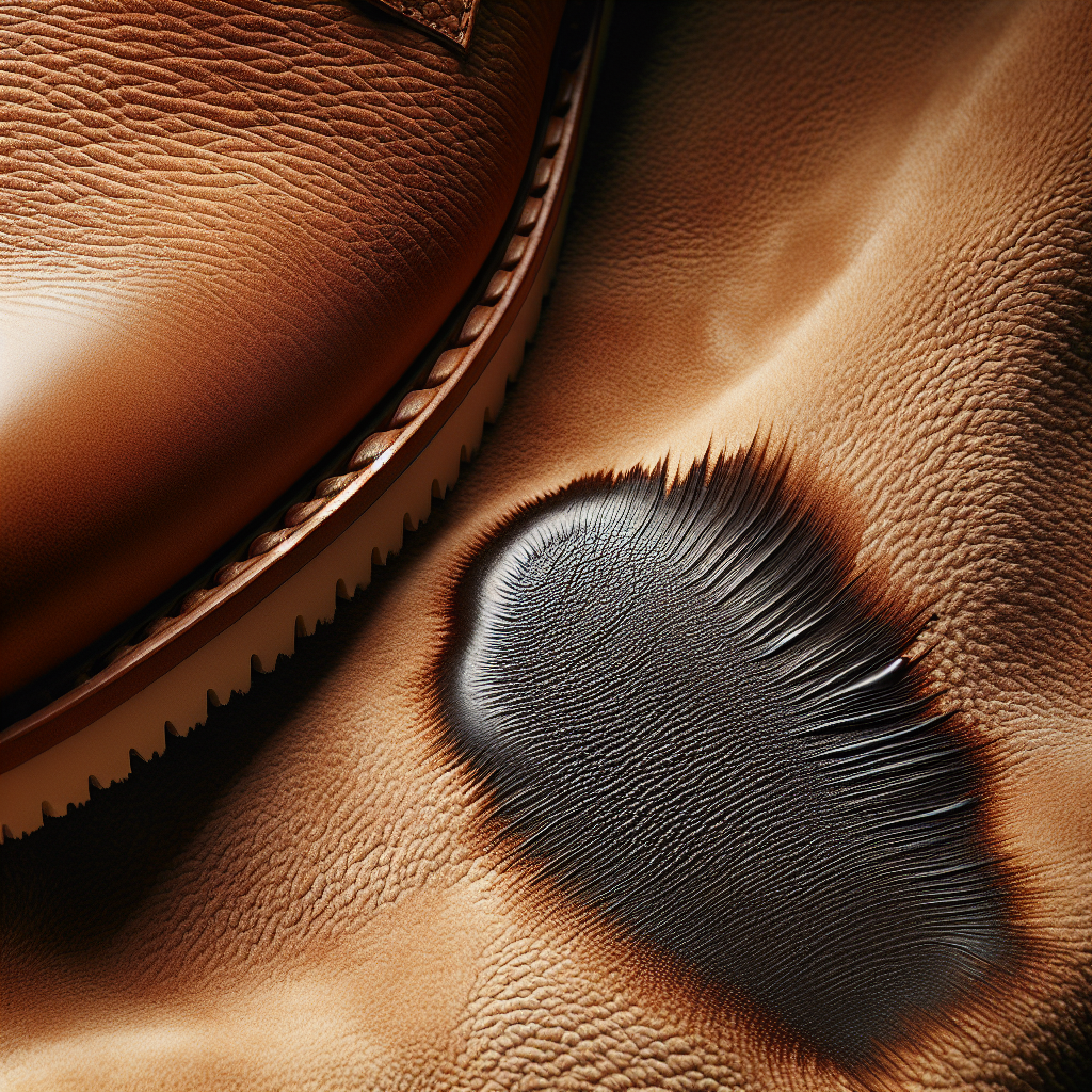 A close-up, high-detail shot of a luxurious, light brown nubuck leather surface, like a shoe, bag, or furniture upholstery, with a prominent, dark, fresh grease stain. The velvety, soft texture of the nubuck is clearly visible, contrasting sharply with the smooth, dark patch of the stain. Natural, soft lighting highlights the material's quality and the imperfection.