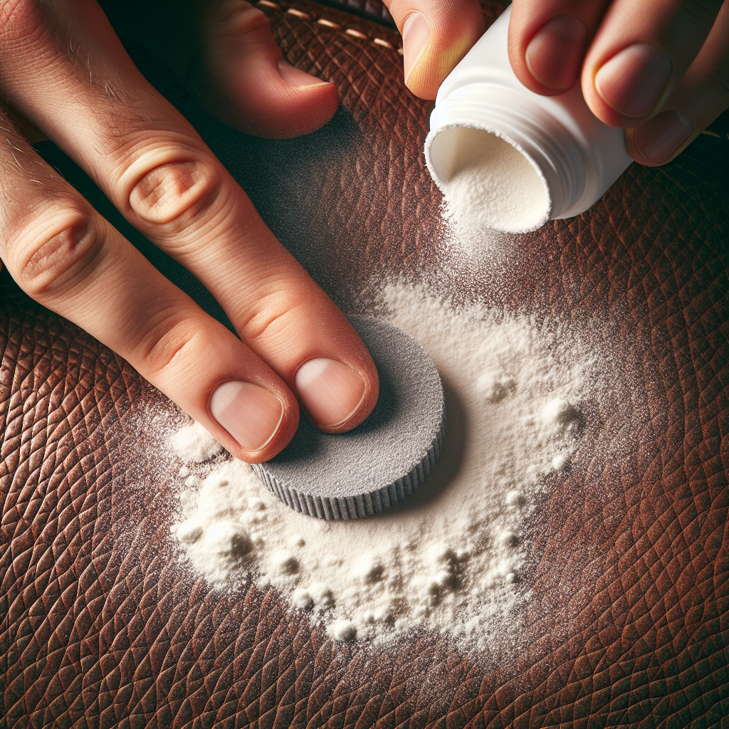 A top-down, close-up shot of hands carefully sprinkling white powder (like baby powder or potato flour) onto a fresh grease stain on a textured, medium brown nubuck leather surface. The fine powder is settling on the stain, ready to absorb the grease. Focus on the details of the leather's nap and the powder's texture.