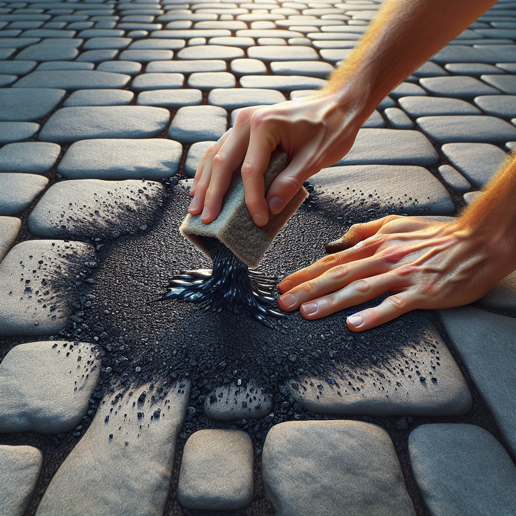 A close-up, outdoor shot of a person's hands applying absorbent material like cat litter or sawdust directly onto a fresh, dark oil stain on a grey stone paved driveway. The paving stones are visible, and there's a sense of immediate action. Natural daylight, realistic photo.