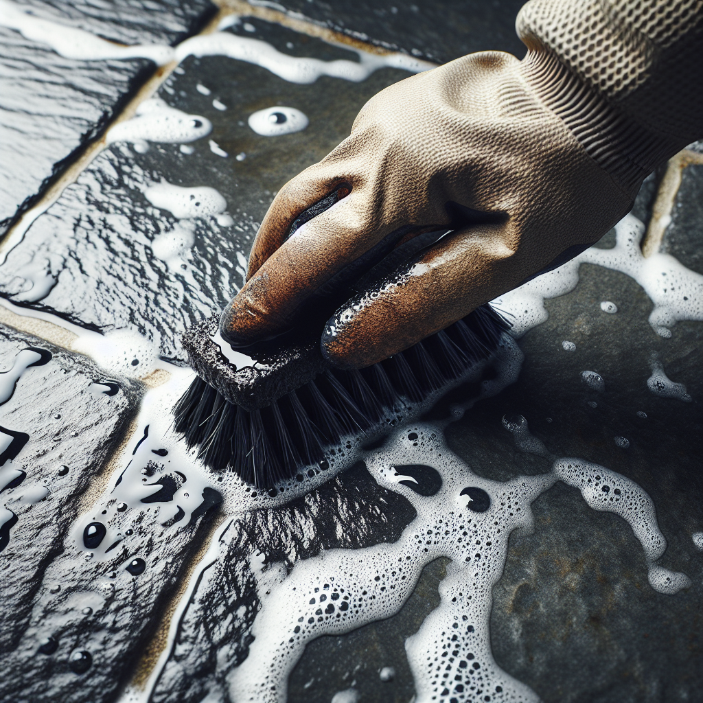 An overhead, detailed shot of a hand wearing a work glove, vigorously scrubbing a stubborn, dark oil stain on a textured grey paving stone with a stiff brush and soapy water. Suds and water droplets are visible, highlighting the cleaning process. Bright outdoor lighting, realistic photo.