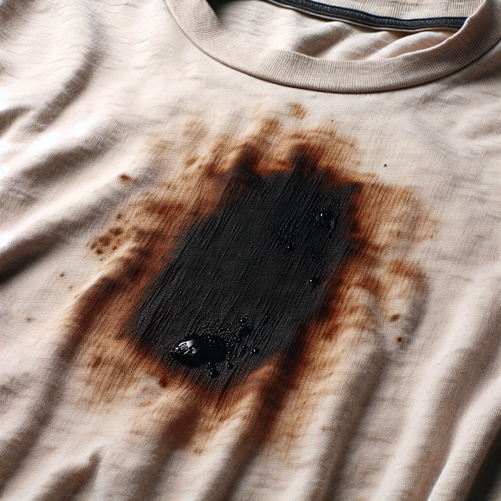 A close-up, high-detail photograph of a fresh, dark, greasy oil stain prominently soaking into a light-colored cotton t-shirt. The fabric fibers around the stain are visible, emphasizing the oil absorption. Natural, soft lighting. Focus on the texture and immediate impact of the stain.