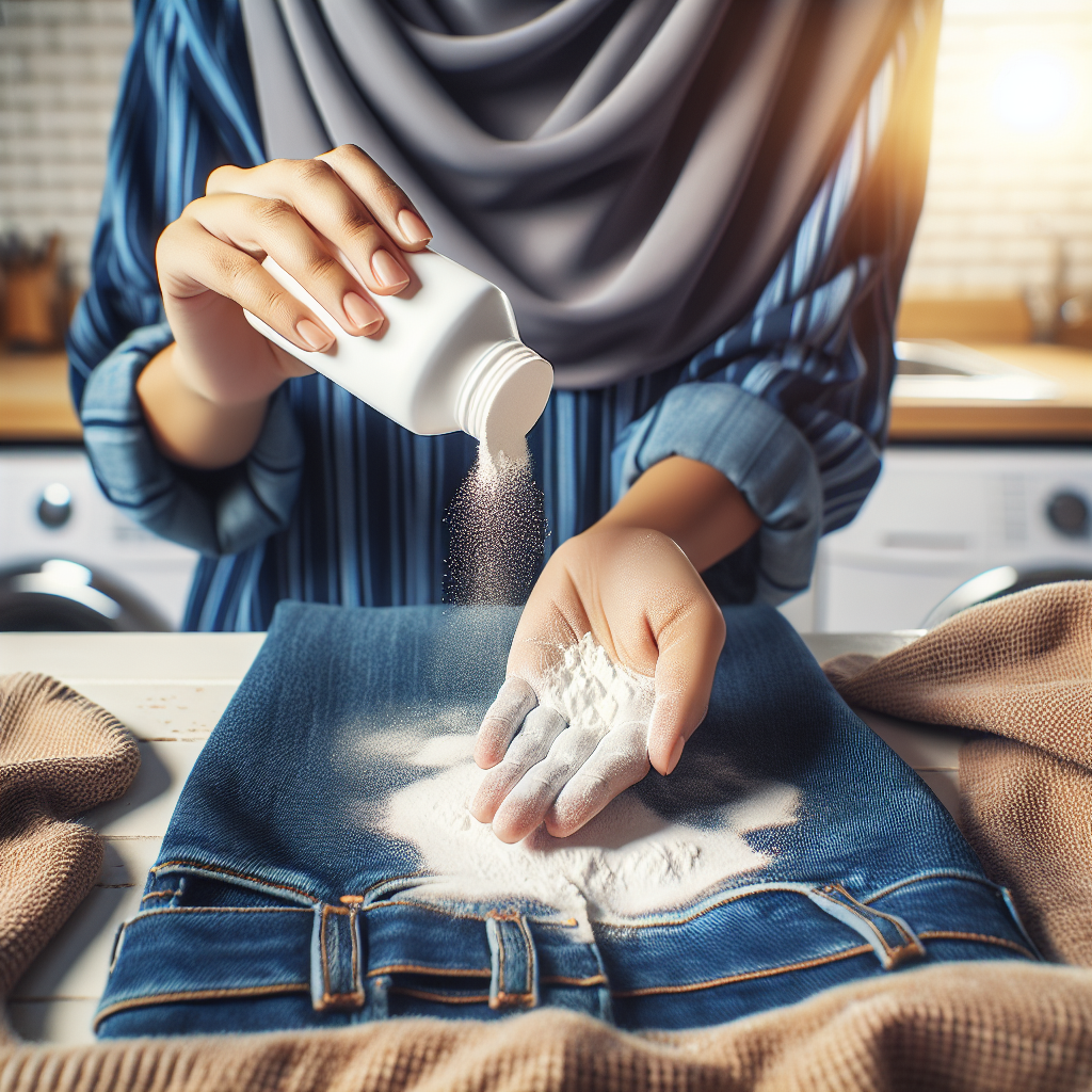 A person's hands gently sprinkling a generous amount of white powder (such as baking soda, baby powder, or cornstarch) directly onto a visible oil stain on a piece of casual clothing like blue denim jeans or a kitchen towel. The background is a clean, bright home environment, like a laundry room counter or kitchen tabletop. Realistic style, clear focus on the action and the powder covering the stain.