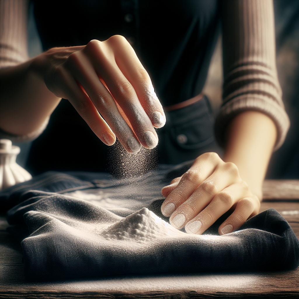 A pair of hands carefully sprinkling a generous amount of white powder (like baking soda or cornstarch) onto a noticeable, fresh oil stain on a piece of dark fabric, such as a navy blue shirt or black jeans. The background is softly blurred, suggesting a clean kitchen counter or laundry area. Soft, natural light. Realistic, detailed shot.