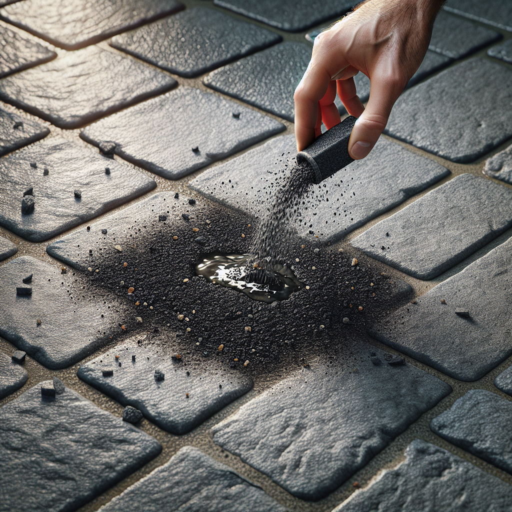 A close-up, high-angle shot of a fresh, dark oil stain on textured grey concrete paving stones. A hand is sprinkling absorbent material like cat litter or sand directly onto the wet oil, showing the initial absorption. The setting is an outdoor driveway or patio, well-lit, with a shallow depth of field. Realistic, high detail.