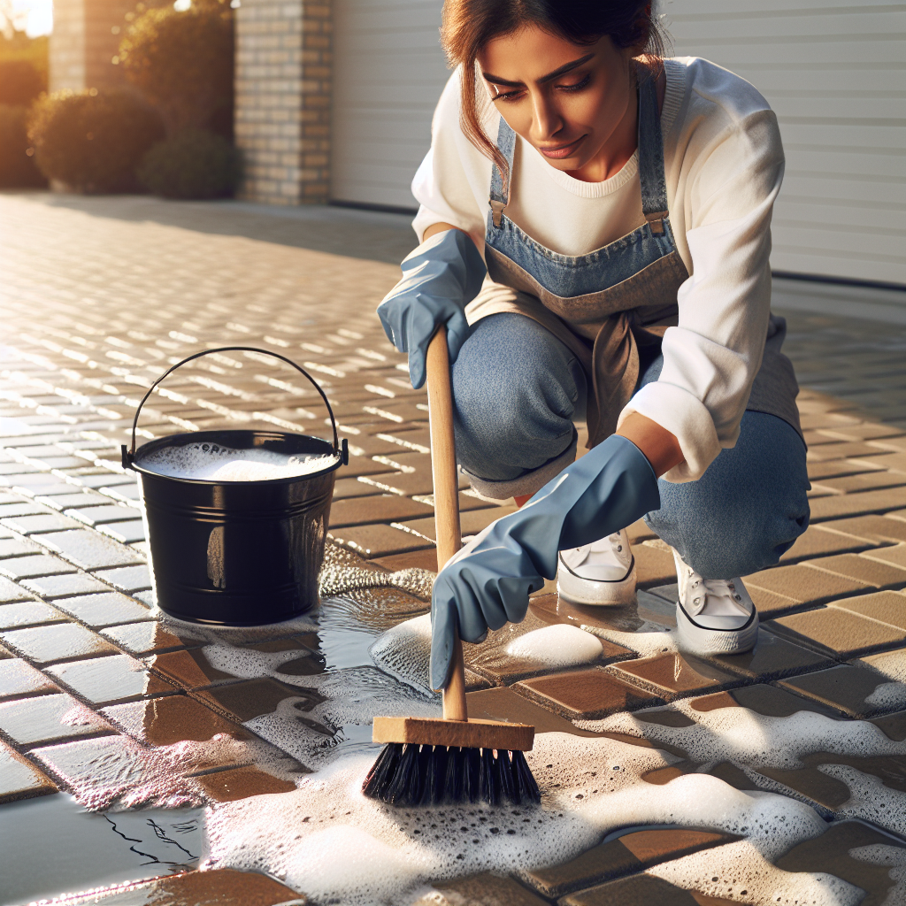 A person actively scrubbing a stubborn oil stain on a paved driveway using a stiff bristled brush. A bucket of hot, steamy, foamy water (implying dish soap) is nearby, and suds are visible on the paving stones around the area being cleaned. The sun is shining, highlighting the wet texture of the stones. Realistic, action-oriented, outdoor setting.